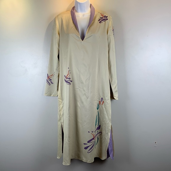Vintage Hand Painted Reversible Silk Caftan Dress Women Small Ivory & Lavender - Picture 1 of 14
